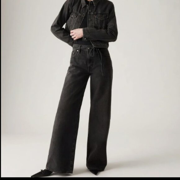 FREE PEOPLE LEVIS XL STRAIGHT WIDE LEG BELTED FADED BLACK JEANS NWT $108 28 w - Picture 3 of 11